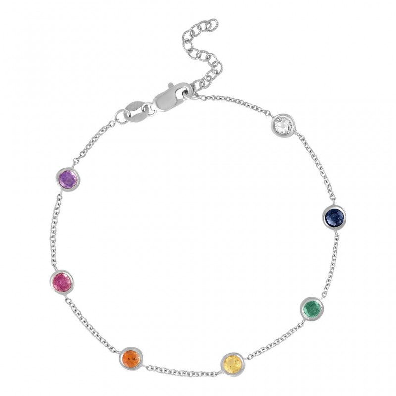 925 Sterling Silver Bezel round Cubic rainbow bracelet