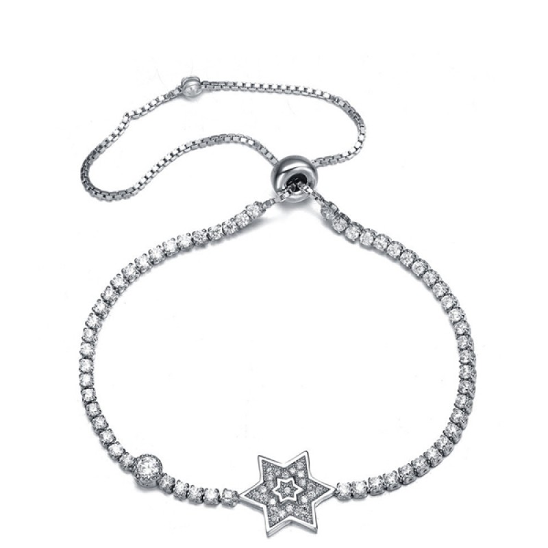 925 Sterling Silver Star with White Zircon Adjustable Bracelet Rhodium plated