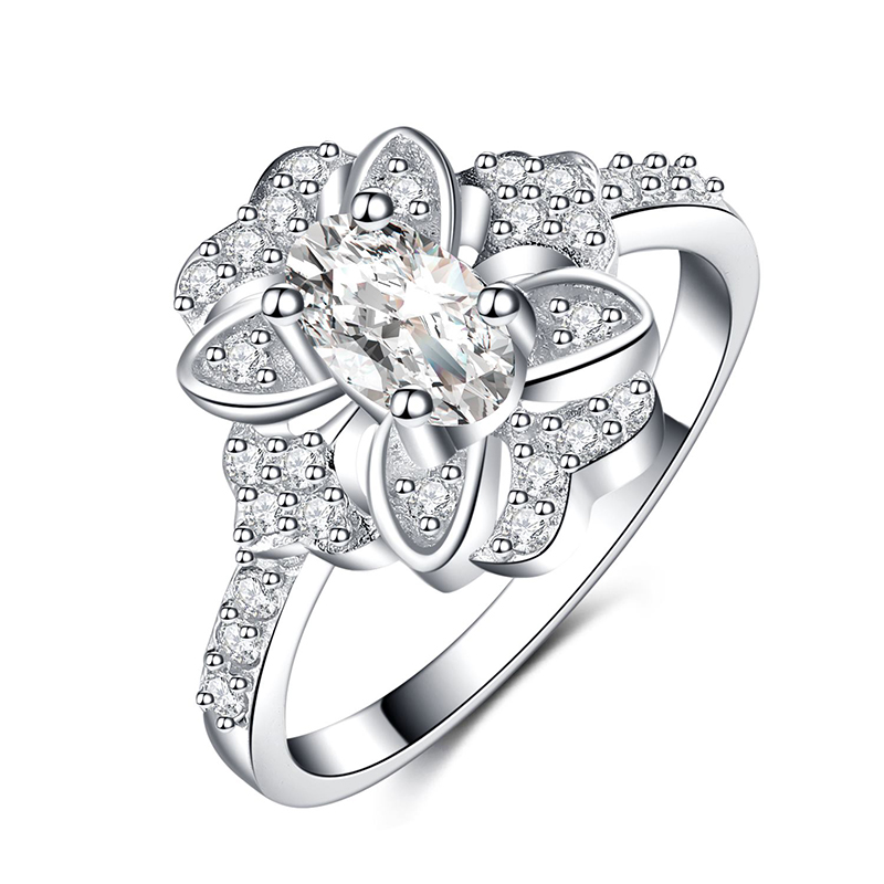 925 Sterling Silver White  Oval Cut and White Round Cut Zircon Flora Ring