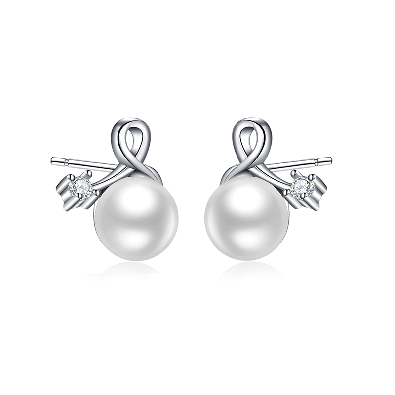 925 Sterling Silver White Cubic  Freshwater Pearl Stud Earrings